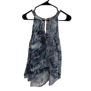 Guess Womens Sleeveless Palm Leaf Print Halter Top Blue Sz Large Flowy Boho NEW